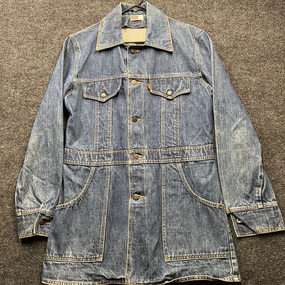 Vintage 70s Levis Orange Tab Denim Safari Jacket Medium Blue Longline Coat USA